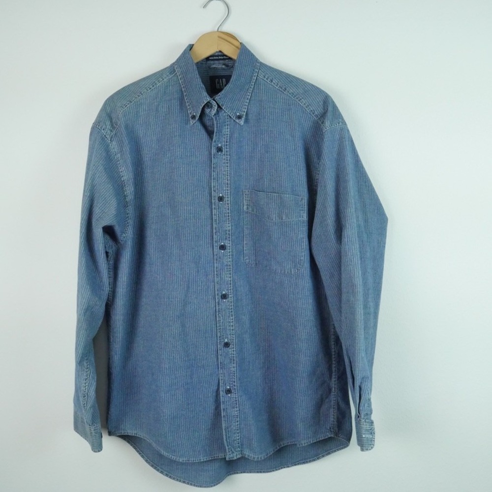 Vintage Gap Indigo Denim Pinstripe Button Down Shirt Blue M 90s‎ Western Patina